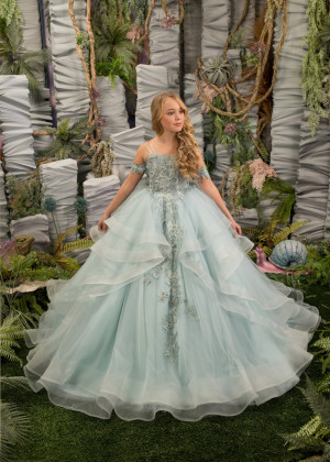 Beaded Dusty Mint Lace Tulle Ruffle Flower Girl Dress